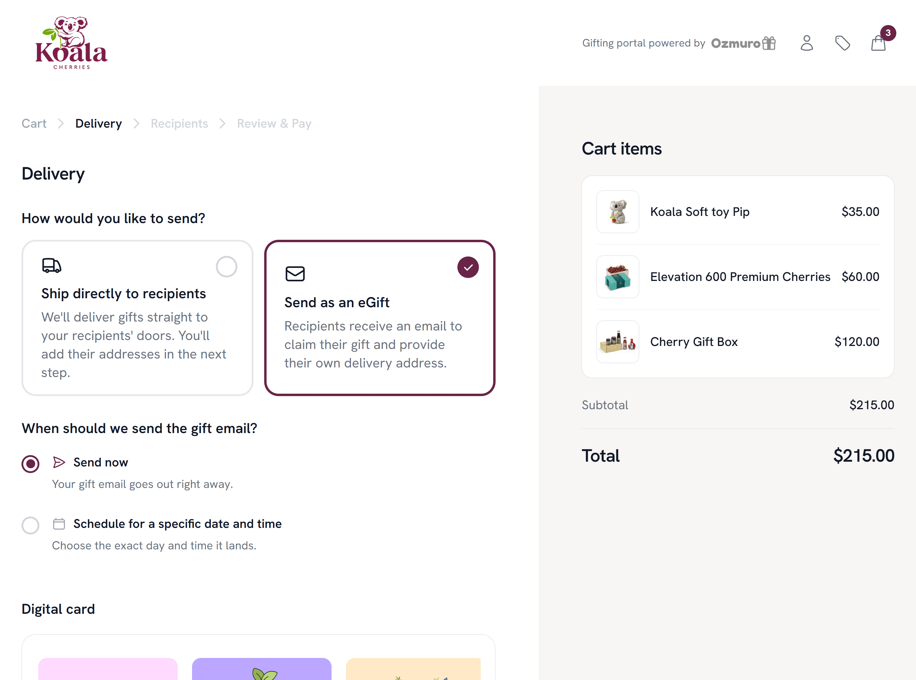 The Ozmuro checkout delivery-method step showing ship direct, bulk and e-gift options